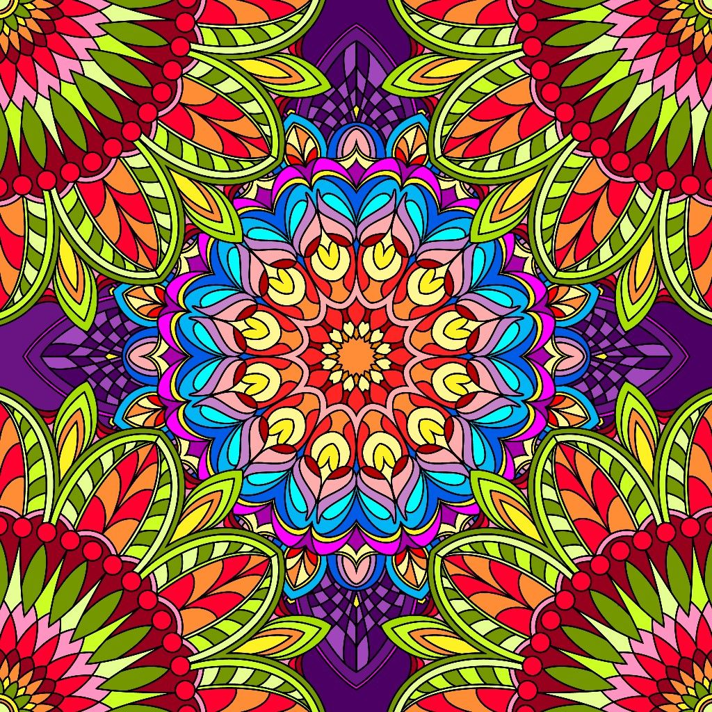 Intricate colorful mandala with symmetrical floral patterns and ornate details in vibrant rainbow colors