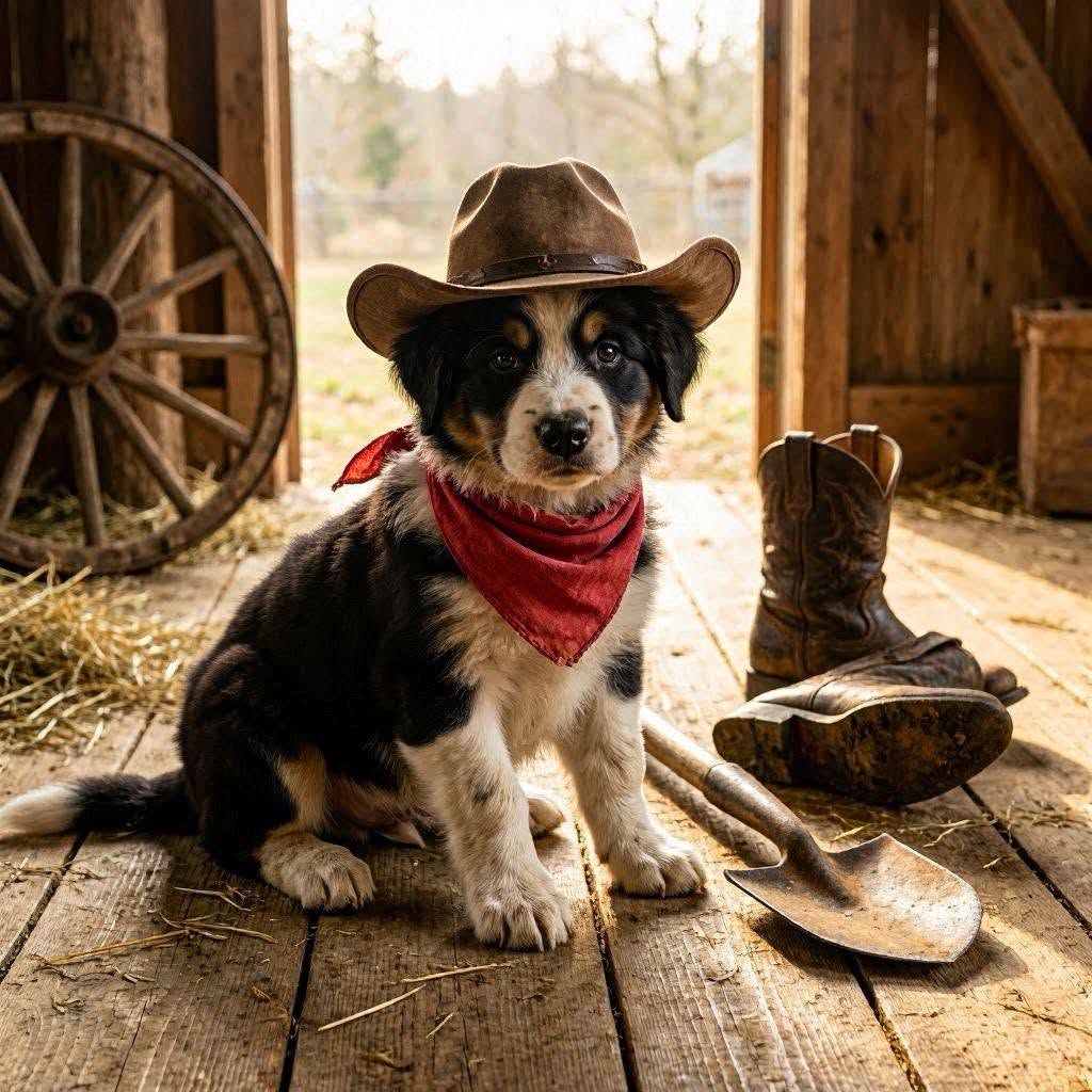 Black and white dog in a cowboy hat and red bandana sitting on a barn floor near boots