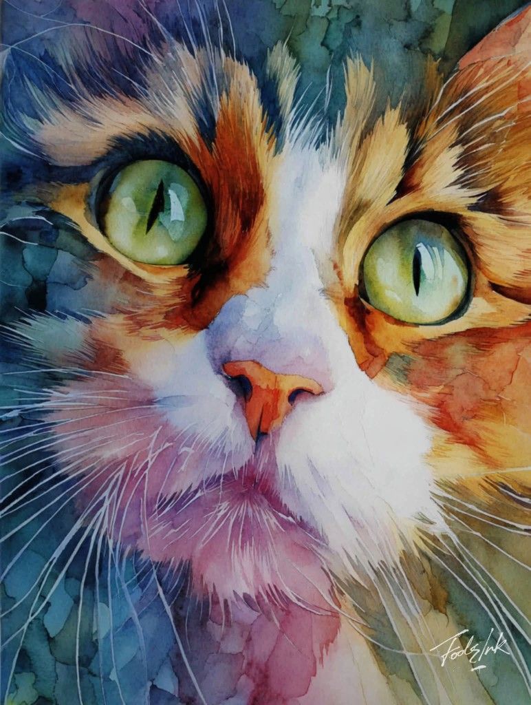 Close-up colorful painted cat portrait with green eyes