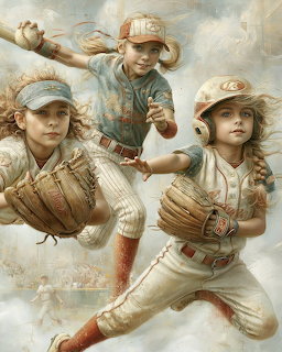 Illustration of three young girls in vintage baseball uniforms pitching, catching, and batting