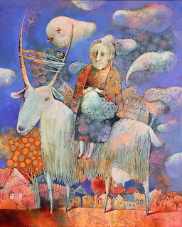 Surreal painting of boy riding white goat with skeleton figure in colorful dreamlike scene