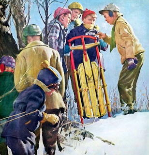 Children with yellow sled in snowy scene, vintage illustration style