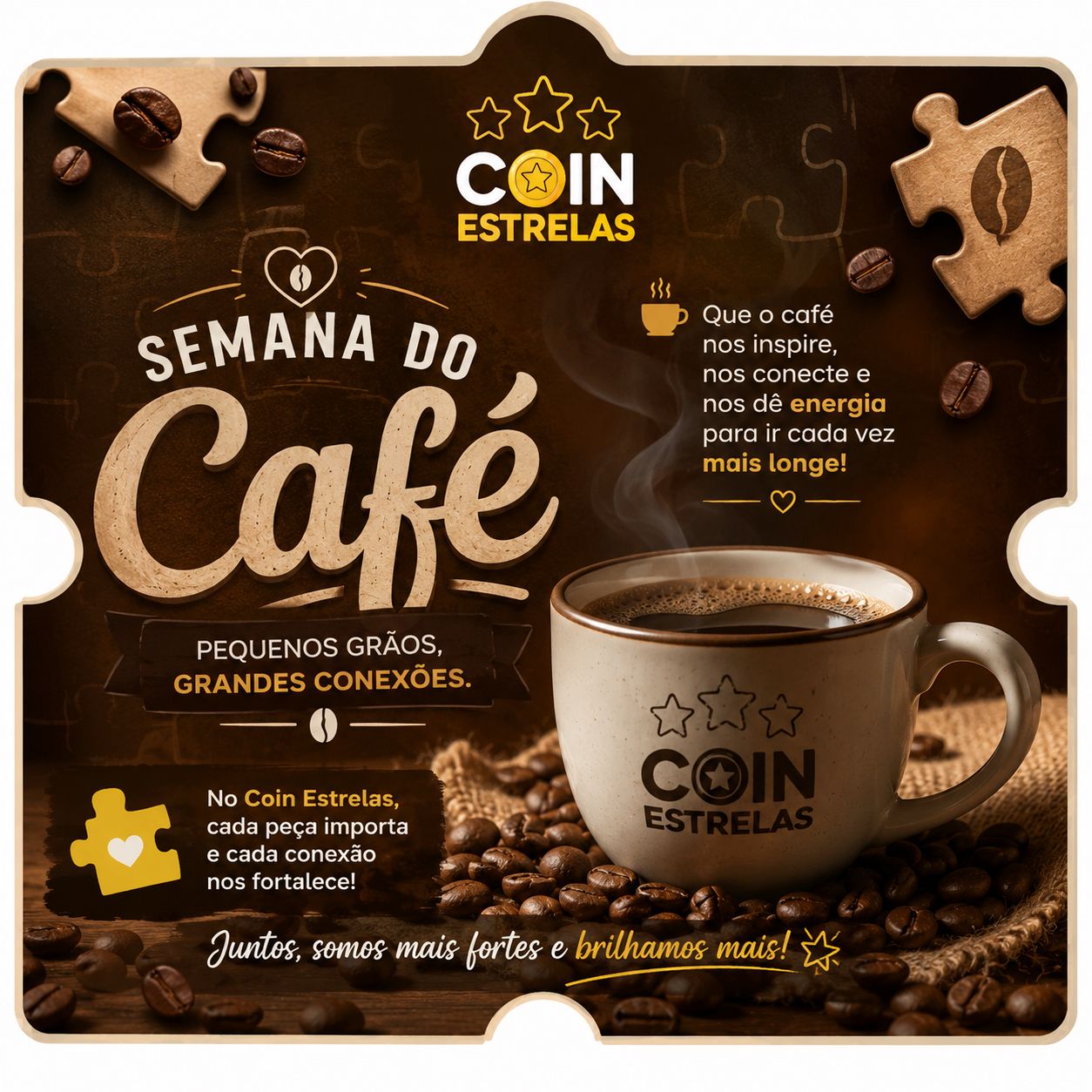 Coffee-themed poster with a cup of coffee, beans, puzzle pieces, and Portuguese text