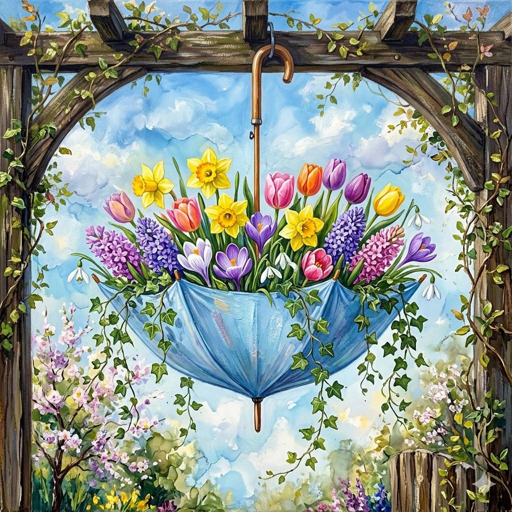 Blue umbrella filled with spring flowers hanging from wooden garden arbor with flowering vines