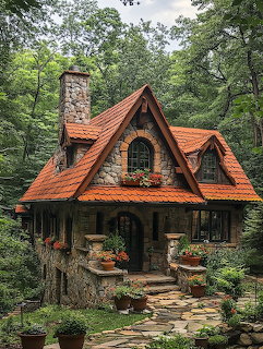 Stone cottage with orange roof surrounded by trees and garden