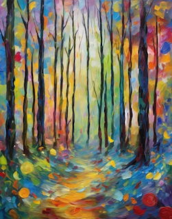 Impressionist painting of a colorful forest path with vibrant multi-colored trees and dappled light