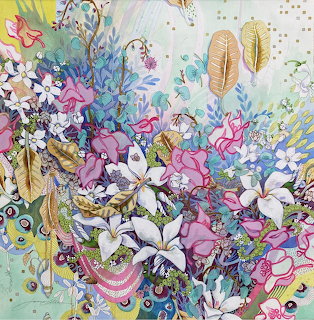 Colorful watercolor painting of tropical flowers with plumeria, hibiscus, and decorative gold leaf elements