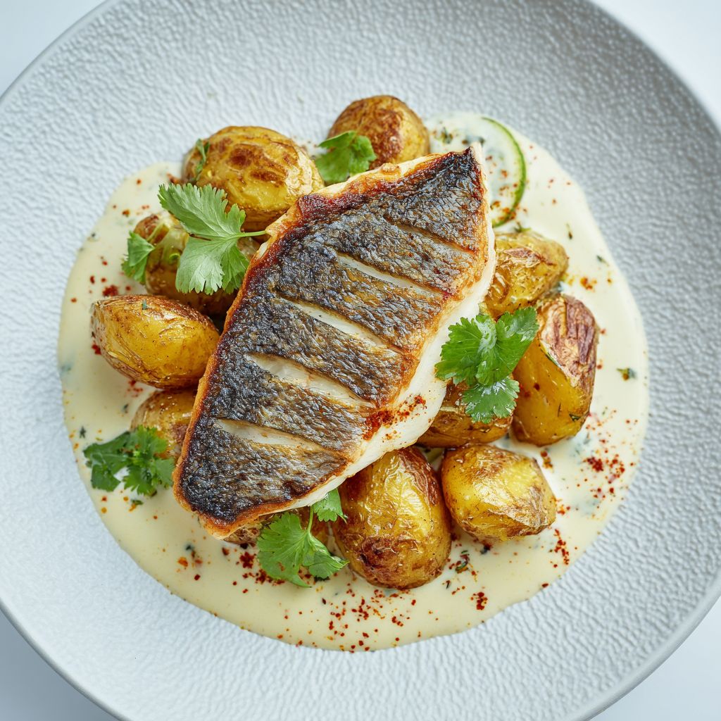 Pan-seared fish fillet with golden potatoes and parsley on white plate