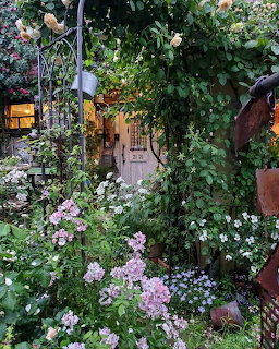 Cottage entrance covered in climbing plants with pink and white flowers in foreground garden