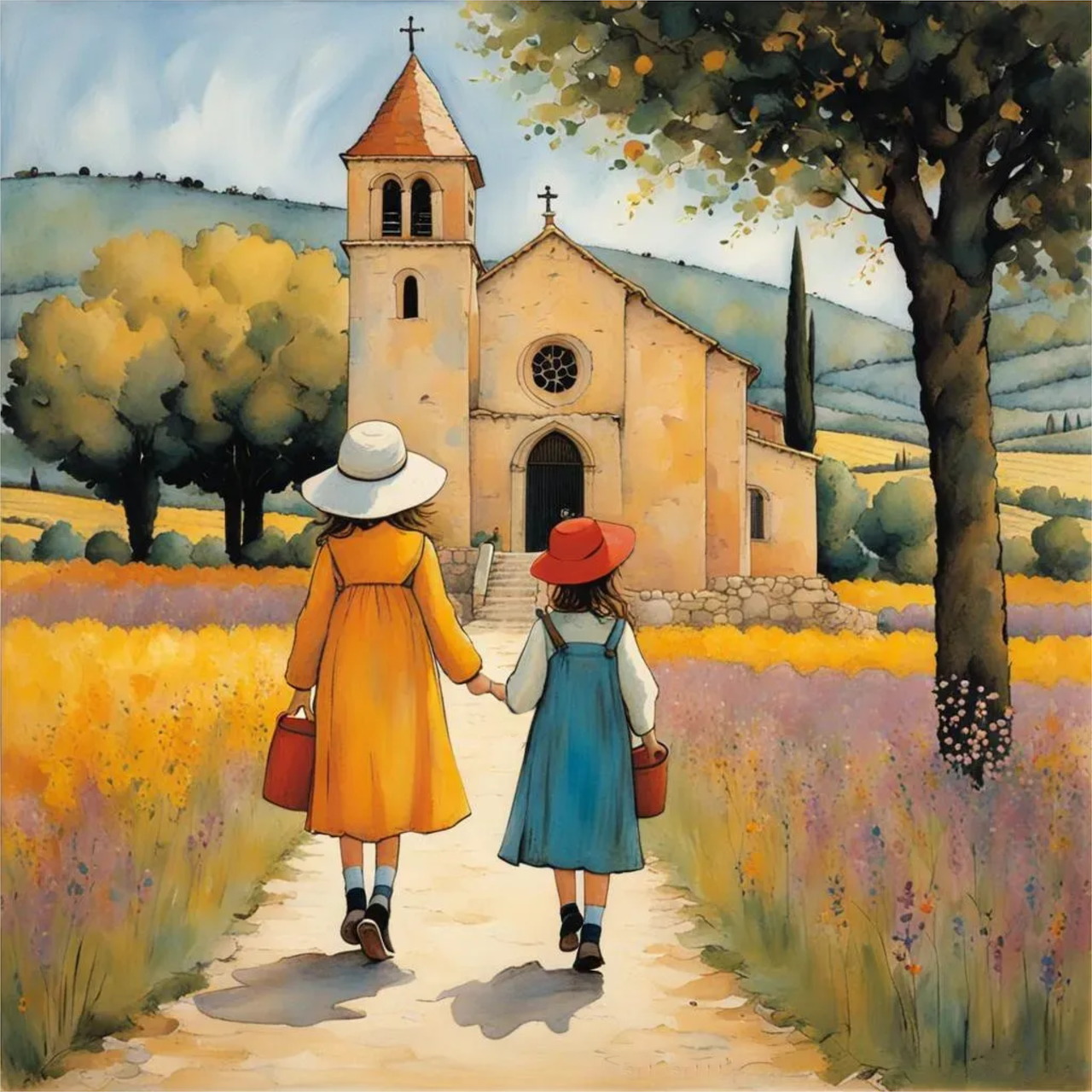 Painting of a woman and child walking toward a small church along a flower-lined path