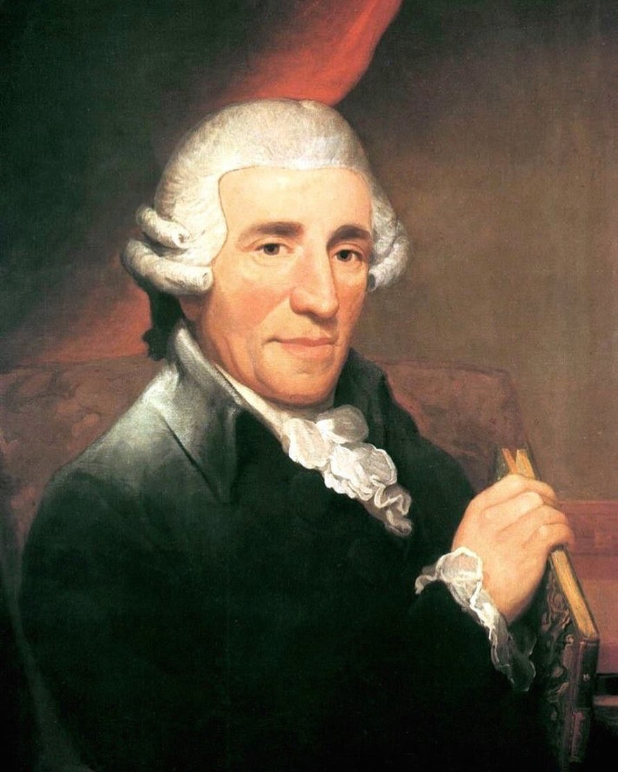 Oil painting portrait of Joseph Haydn in formal 18th century clothing with white wig, holding a quill