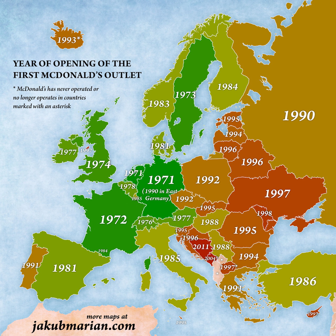 Colorful map of Europe with years labeled across each country in an infographic style