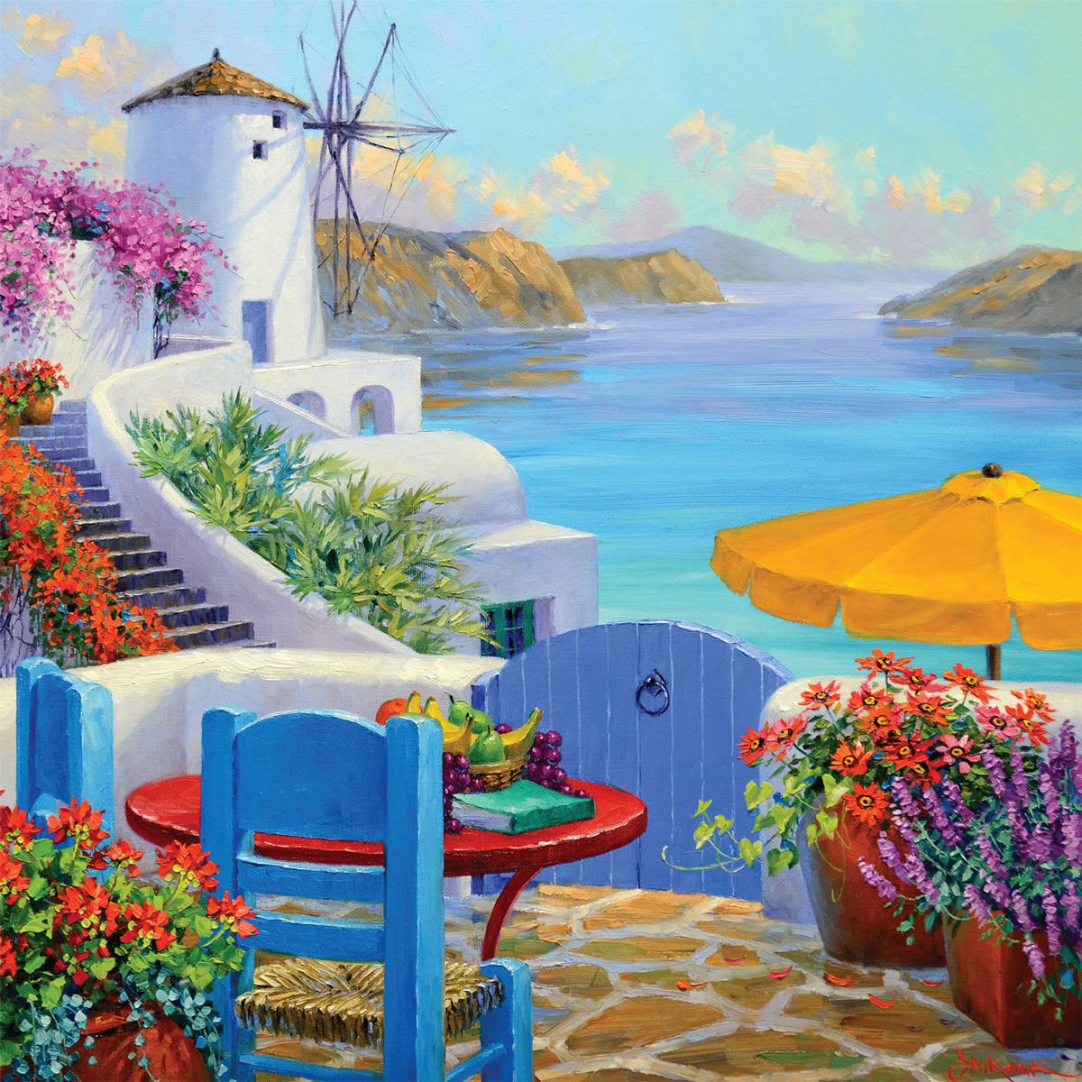Colorful seaside terrace painting with flowers, white buildings, windmill, and yellow umbrella by the blue sea
