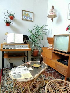 Vintage living room with old TV, electronic keyboard, houseplants, and rattan coffee table