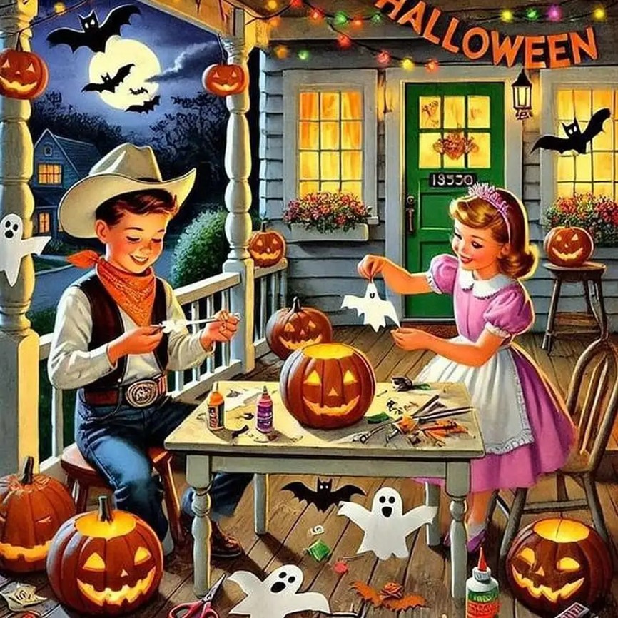 Two children in vintage Halloween costumes carving pumpkins on a festive porch with decorations and moonlit sky