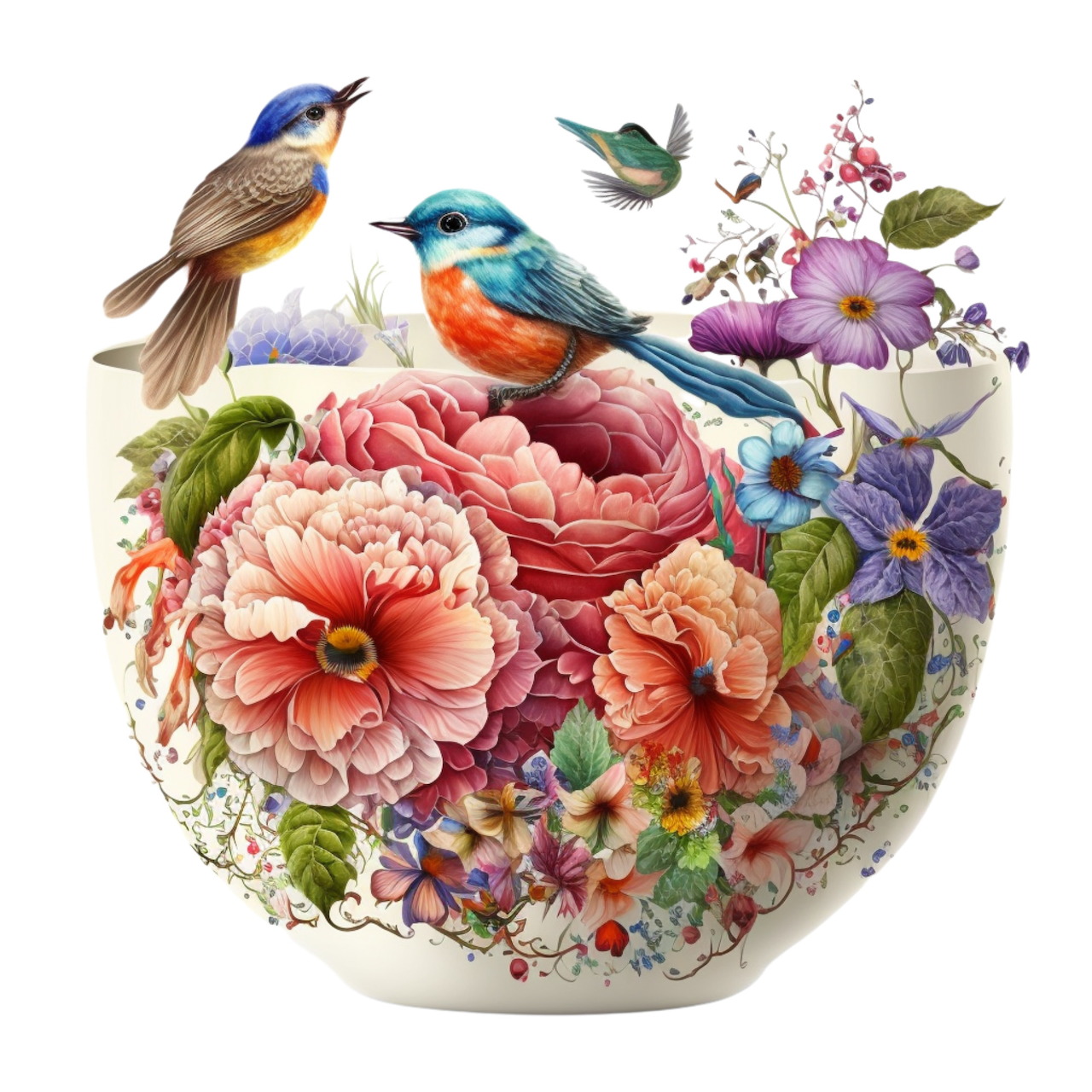 Two colorful birds perched on a ceramic vase with large pink and purple flowers