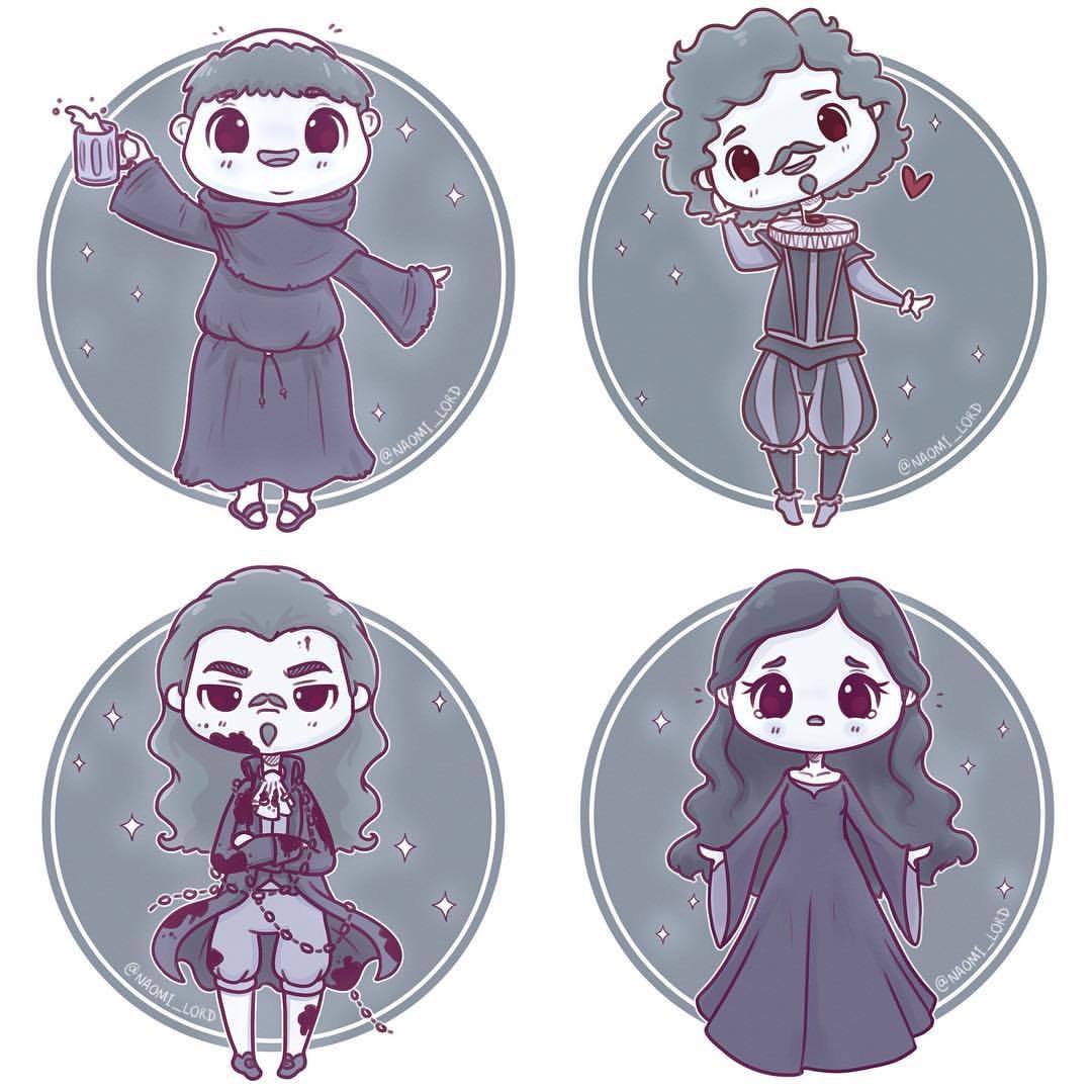 Four chibi cartoon characters in circular grey frames wearing medieval fantasy costumes in purple-grey tones