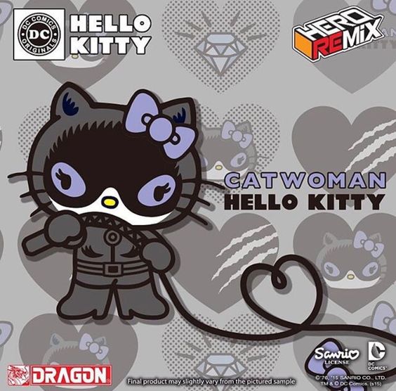 Catwoman-themed Hello Kitty graphic on a gray background with logos and icons