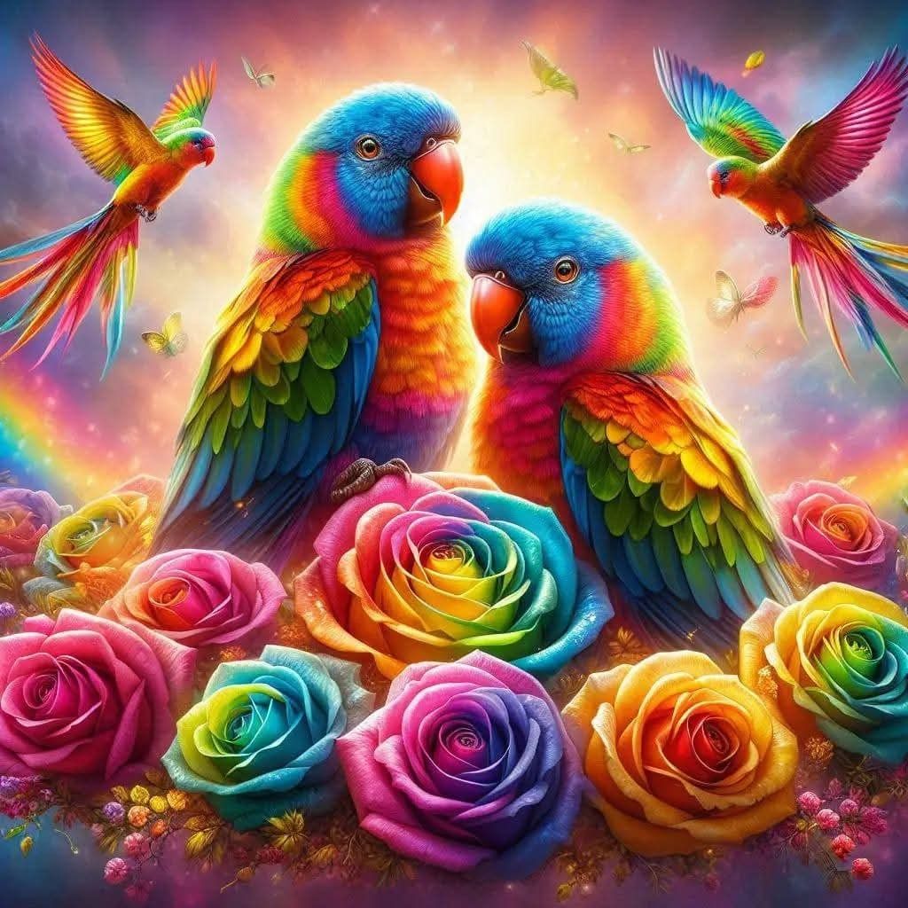 Four rainbow-colored parrots surrounded by multicolored roses with flying birds in a pastel sky background