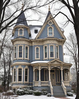 Ornate Victorian house with turret and detailed trim in winter snow