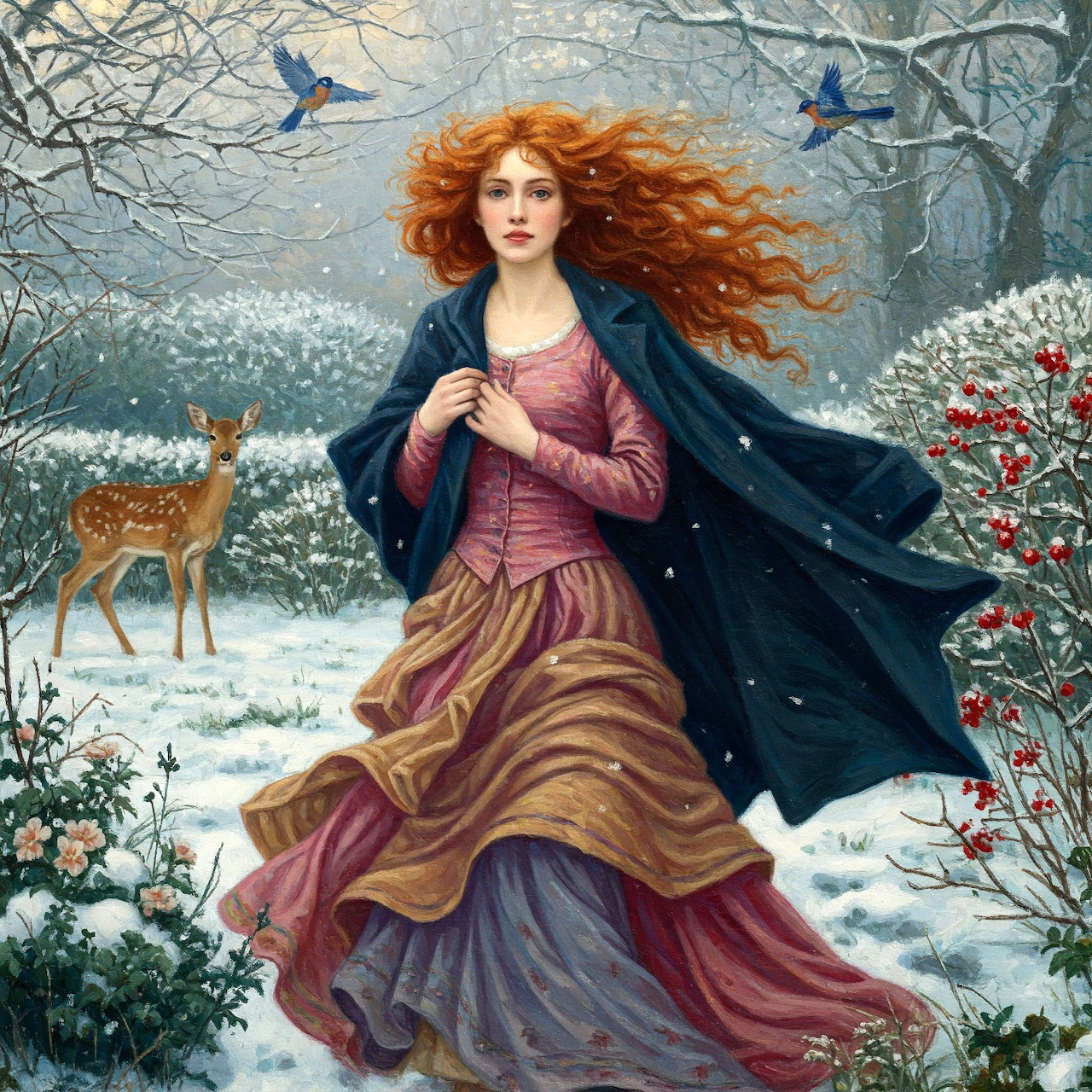 Woman in flowing gown with red hair walking through snowy forest with deer and blue birds