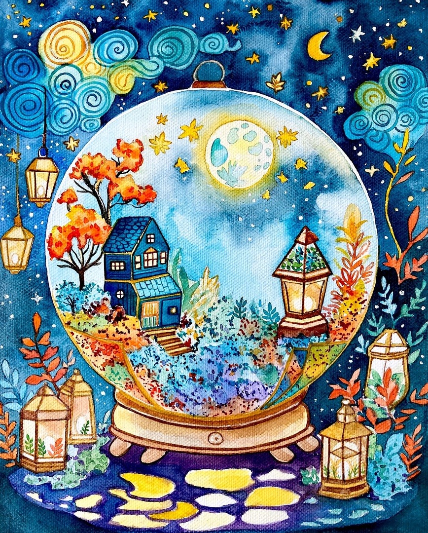 Illustration of a blue house inside a glowing snow globe with lanterns, flowers, stars, and a moon
