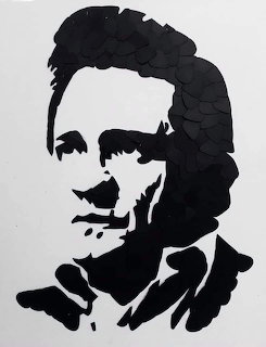 Black silhouette portrait of Johnny Cash against gray background
