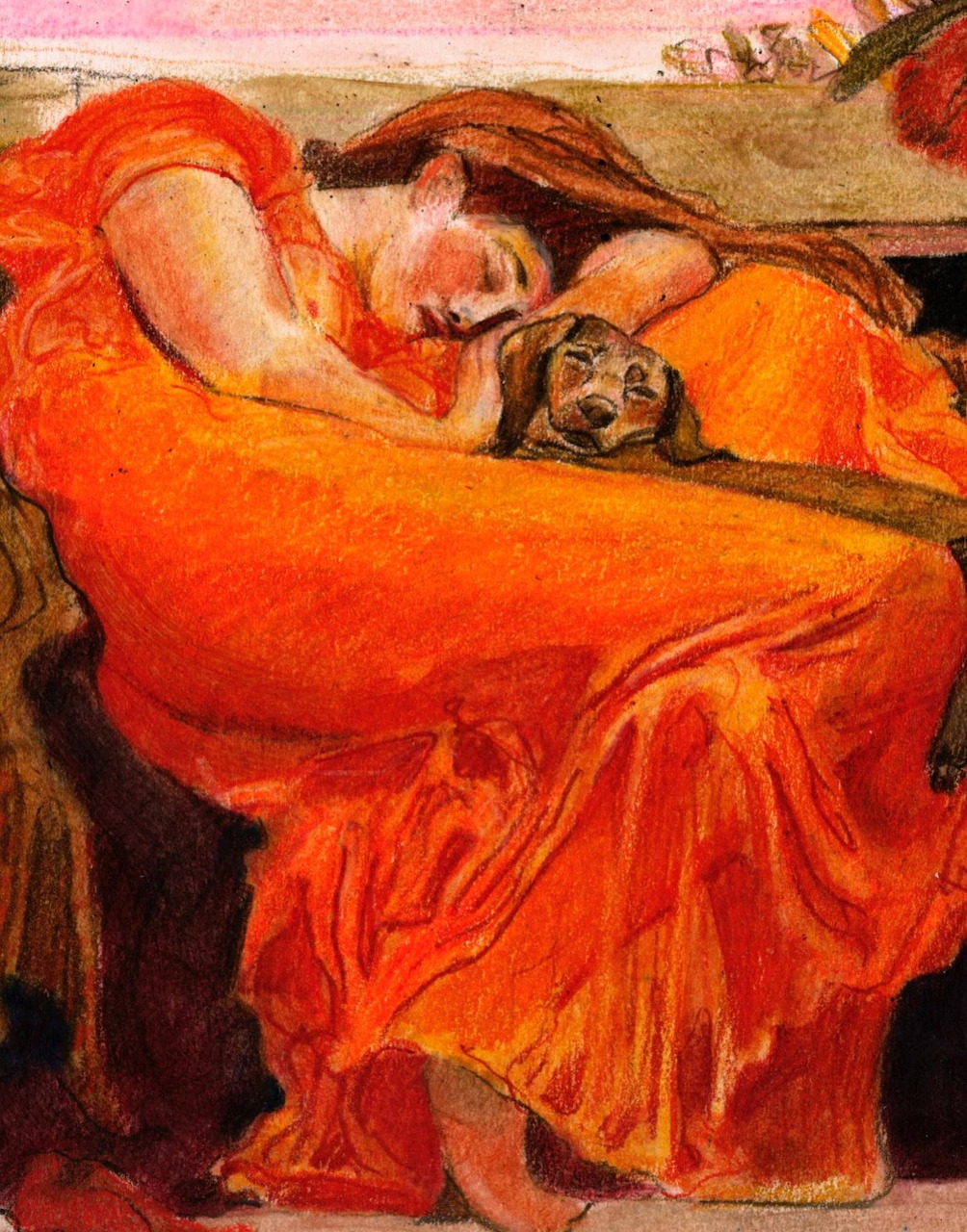 Sleeping woman wrapped in vivid orange drapery, painting in the style of Frederic Leighton's Flaming June