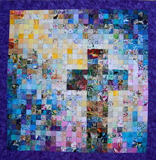 Abstract mosaic cross with colorful pixelated squares on blue background