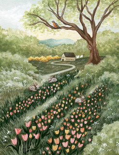 Watercolor painting of tulip-lined path leading to a white cottage among green hills and trees