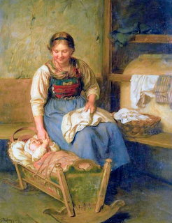 Painting of a mother in folk costume sitting beside a cradle with her newborn baby in a rustic interior