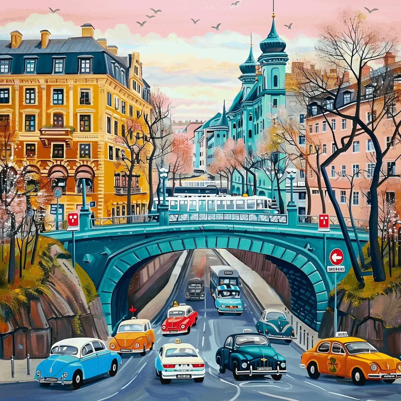 Illustrated city street with colorful cars passing under a teal bridge, flanked by autumn trees and pastel buildings