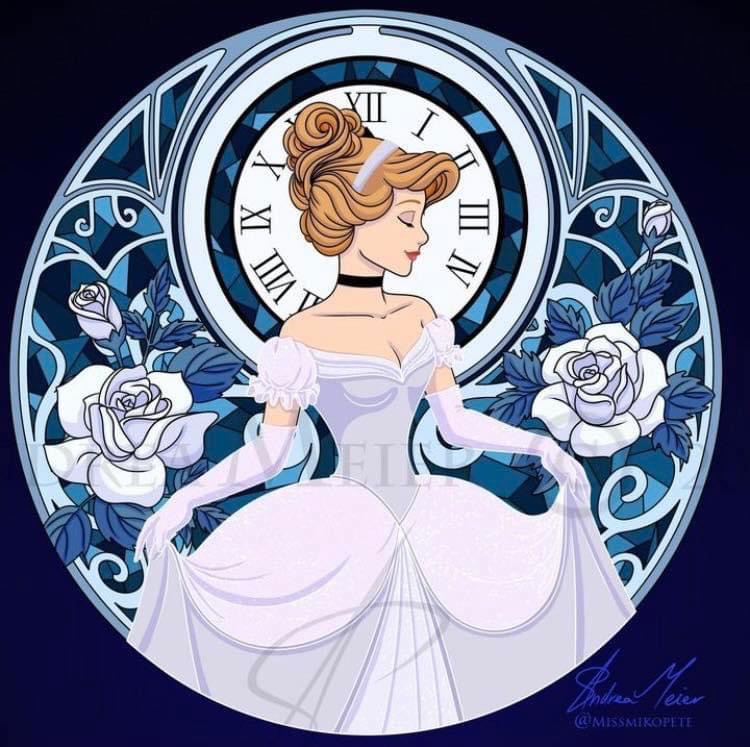 Cinderella in ball gown with stained glass window, clock showing midnight, white roses