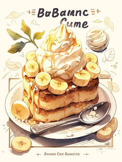 Watercolor painting of stacked pancakes with banana slices, caramel drizzle, and whipped cream on a white plate