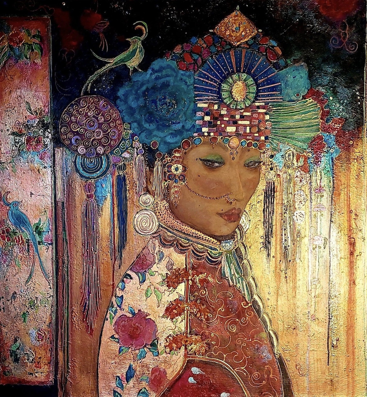 Woman in elaborate Japanese headdress with geometric patterns, fans, and floral ornaments in Art Deco style