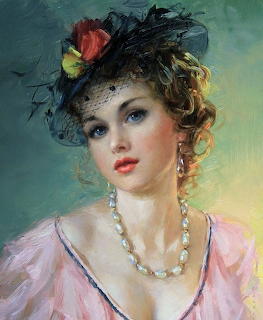 Portrait painting of woman in pink dress with pearl necklace and black feathered hat