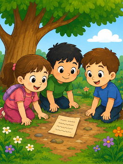 Cartoon of three kids kneeling under a tree reading a paper on the grass with flowers around