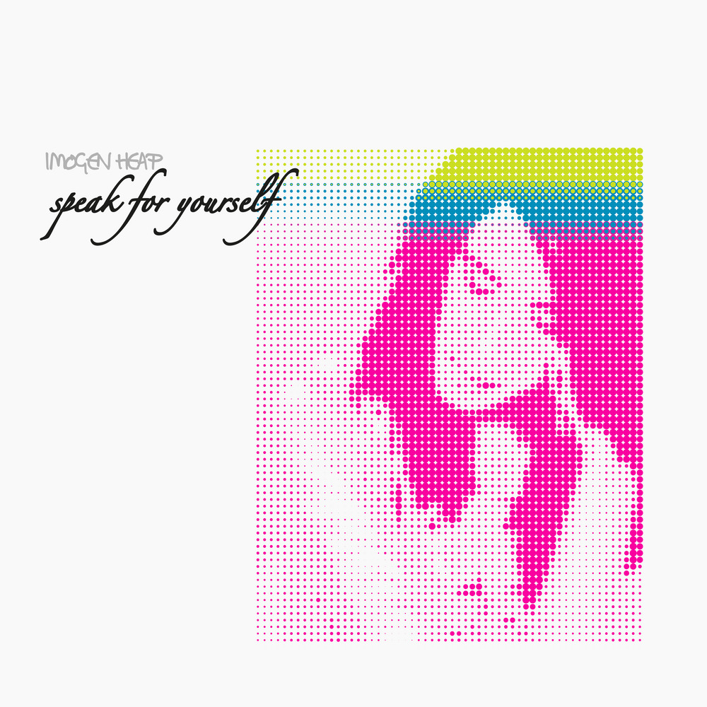 Stylized pink halftone portrait of a woman with Imogen Heap and Speak for Yourself text