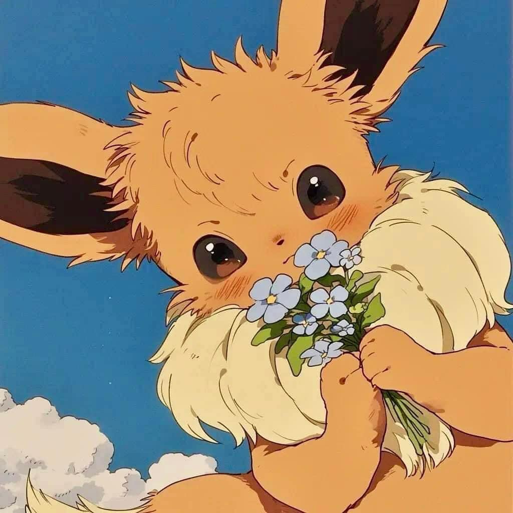 Cute Eevee Pokémon holding blue flowers under a sunny sky