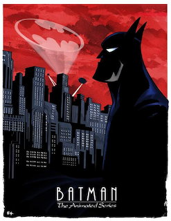 Batman silhouette overlooking Gotham City skyline with Bat-Signal in red sky, animated series style poster