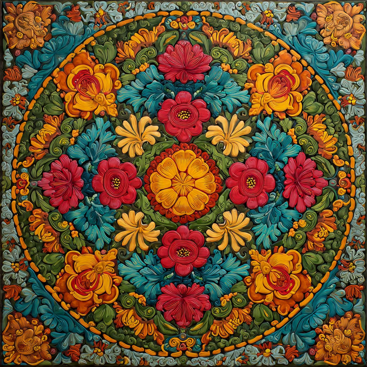 Symmetrical floral mandala with orange, magenta, and yellow flowers on teal background in ornate circular pattern