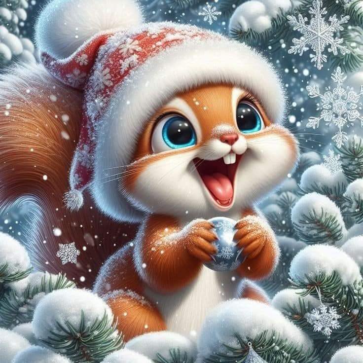 Cute cartoon squirrel wearing red Santa hat in snowy winter scene with pine trees and snowflakes