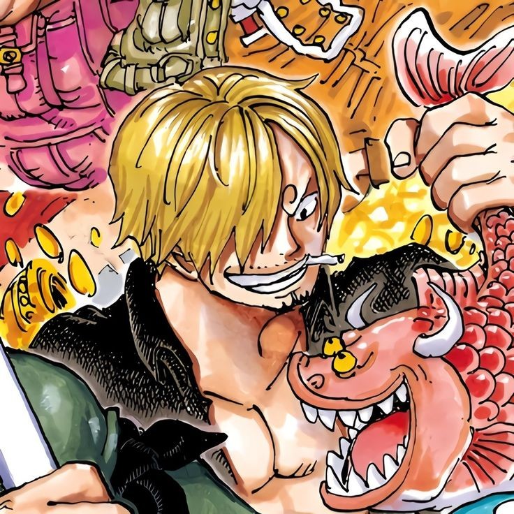 Anime character Sanji with blond hair and a cigarette next to a red dragon-like creature