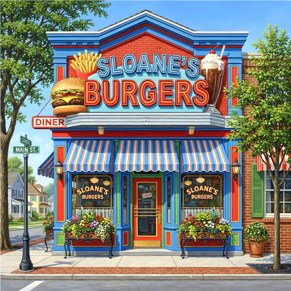 Bright blue and red burger restaurant with striped awnings and Sloane's Burgers sign on street corner
