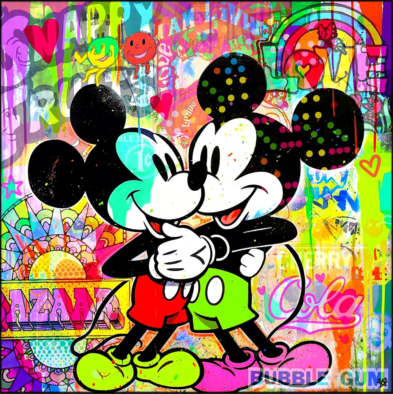 Mickey and Minnie Mouse in pop art style with colorful graffiti background