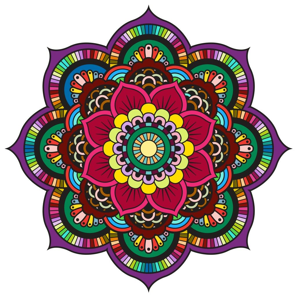 Colorful mandala with layered floral petals and intricate geometric patterns in pink, yellow, green, and purple