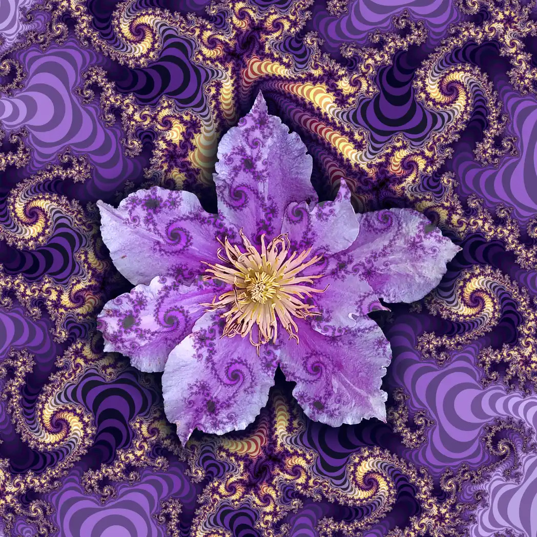 Purple fractal flower with golden center on decorative swirling background