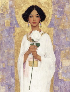 Painting of a woman in white robes holding a white rose against a gold and lavender background