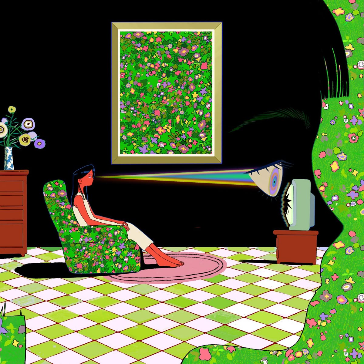Surreal illustration of person in green floral room with checkered floor and retro TV