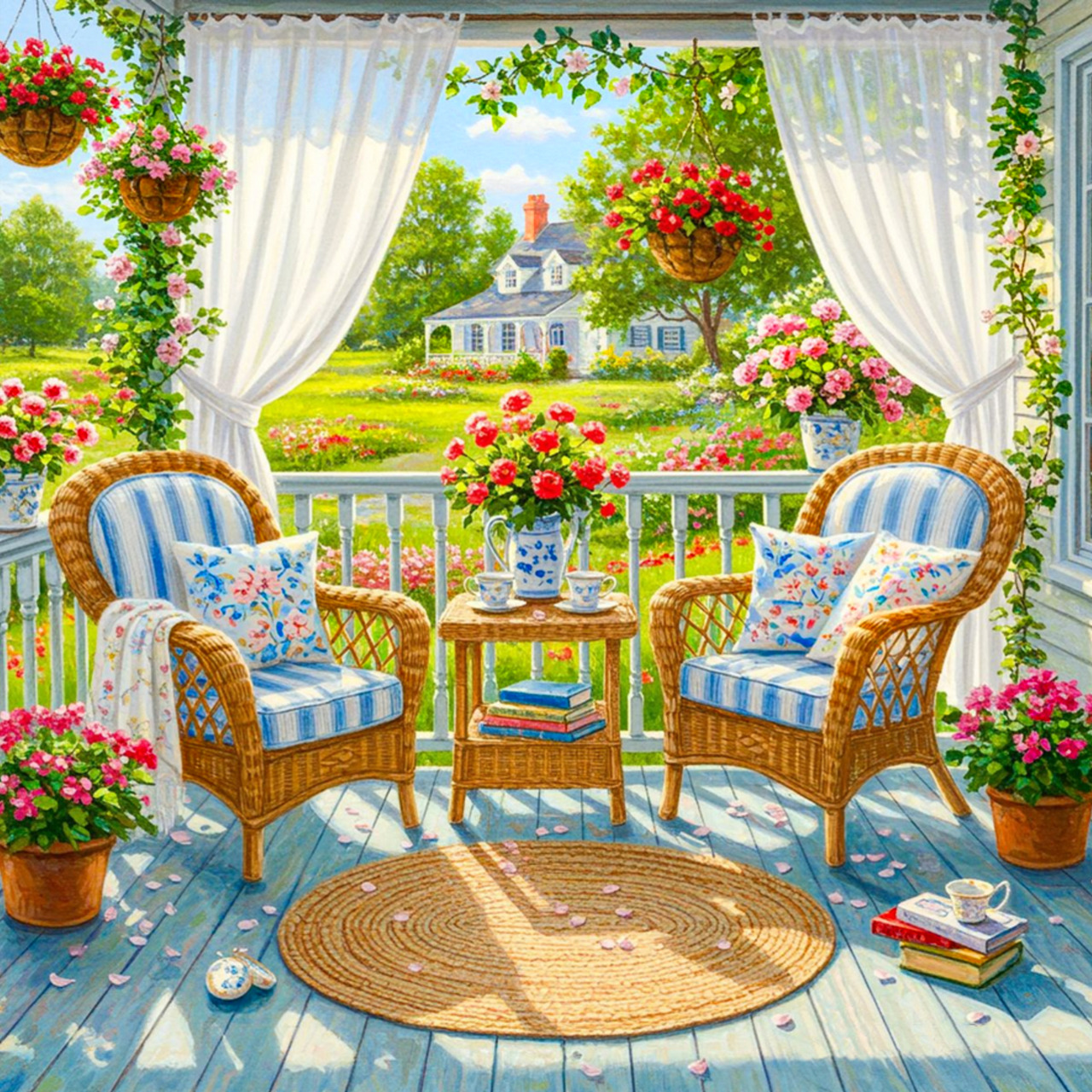 Cozy cottage porch with two wicker chairs, tea set on table, colorful flowers, and countryside view through white curtains